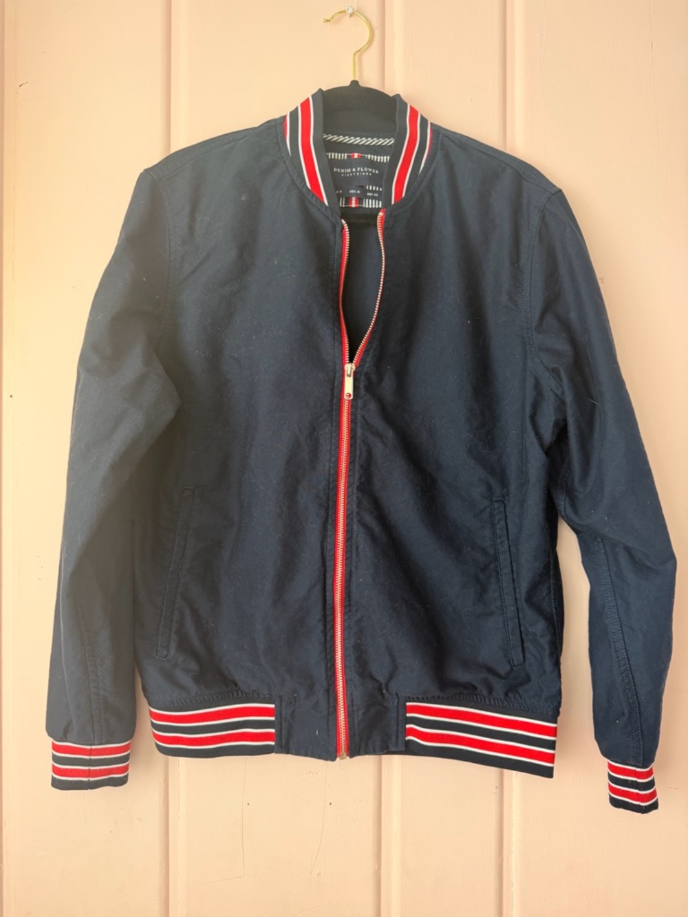 Denim & Flower Navy Bomber Jacket with Red Trim SzMedium